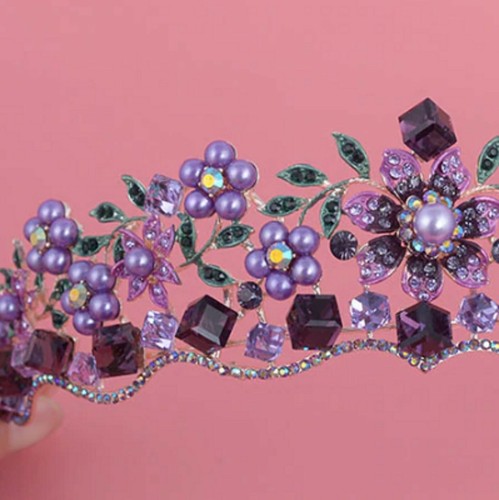 Diadema donna viola cristallo perla corona sposa magnifico strass barocco nuovo - Foto 10 di 10