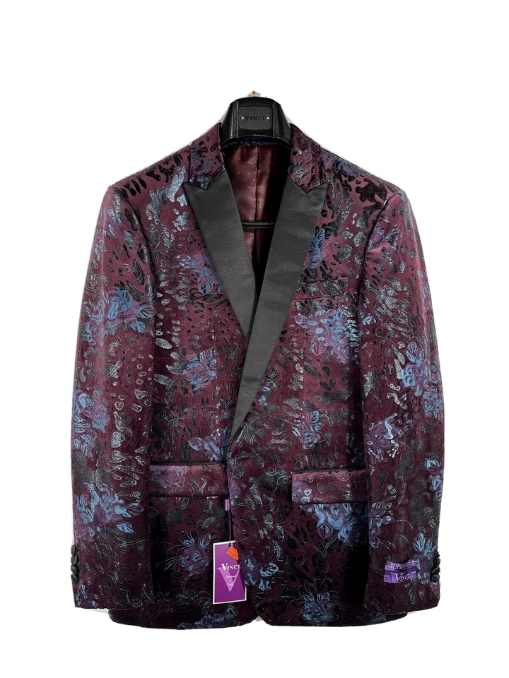 Vinci Men's Tuxedo Jacket Wine Velvet Blue Statin Black Lapel Slim Fit Size M - Image 3 of 3