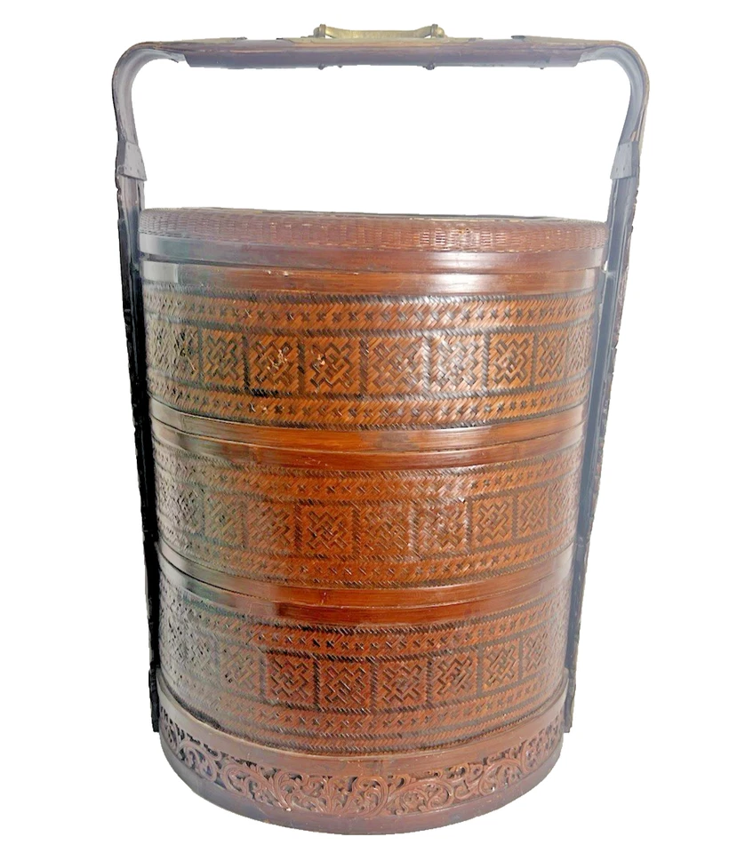 ANTIGUA CESTA DE BODA CHINA HISTÓRICA DE BAMBÚ CON DISEÑO ESTAMPADO NEGRO Foto 3 de 4