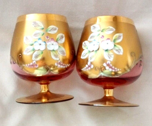 Vintage Murano Venetian Italy Amber Gold Floral Cognac Brandy Snifters Set 2
