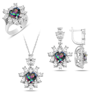 Mystic Topaz Silver Set, Rainbow Topaz Silver Jewelry Set, Turkish Handmade Set