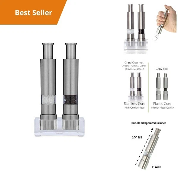 Stainless Steel Salt and Pepper Grinders Set - Manual Spice Mills with Thumb Pre
