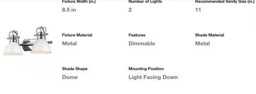 Golden Lighting Duncan 8.5 in. 2-Light Chrome Vanity Light with White Shades - Picture 3 of 4