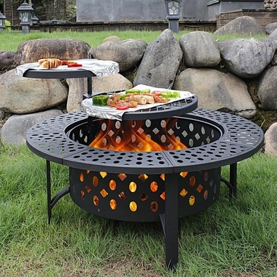 42 Inch Fire Pit with 2 Grills, Extra Large Wood Burning Fire Pit w/Lid & Poker