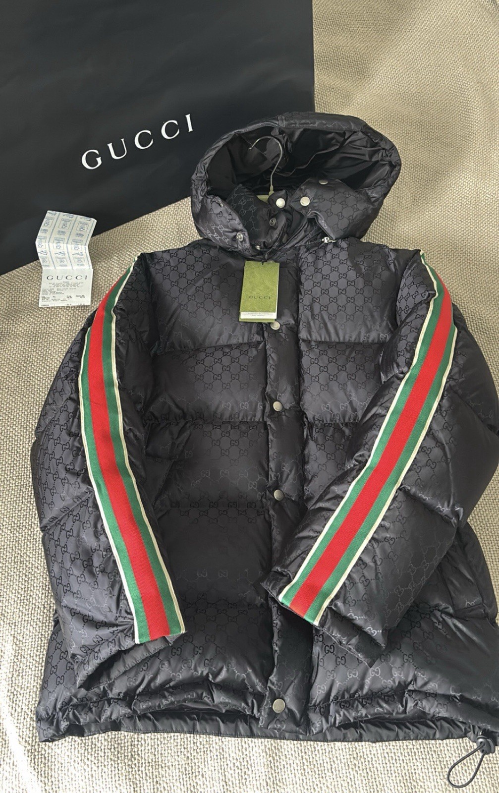 GucciMen's GG Nylon Jacquard Web Long Sleeve Short Puffer Jacket