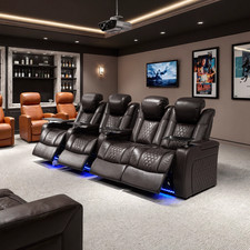 124.4" Power Recliner 4-PC w/ Nappa Leather, Adjustable, RGB LED,Charging,COFFEE