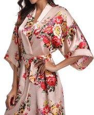 Floral Satin Robe Bride Bridesmaid Getting Ready Robe Short Silky Pink L/XL