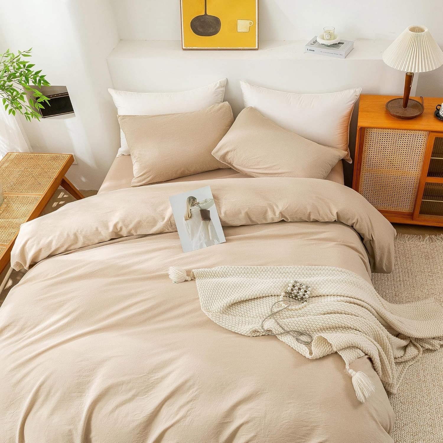 Beige Cotton Duvet Cover Bedding Set with buttons in king Twin XL and other size