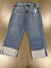 Scoop Women Wide Leg Cuffed Jeans Medium Wash 10S Cropped Raw Hem