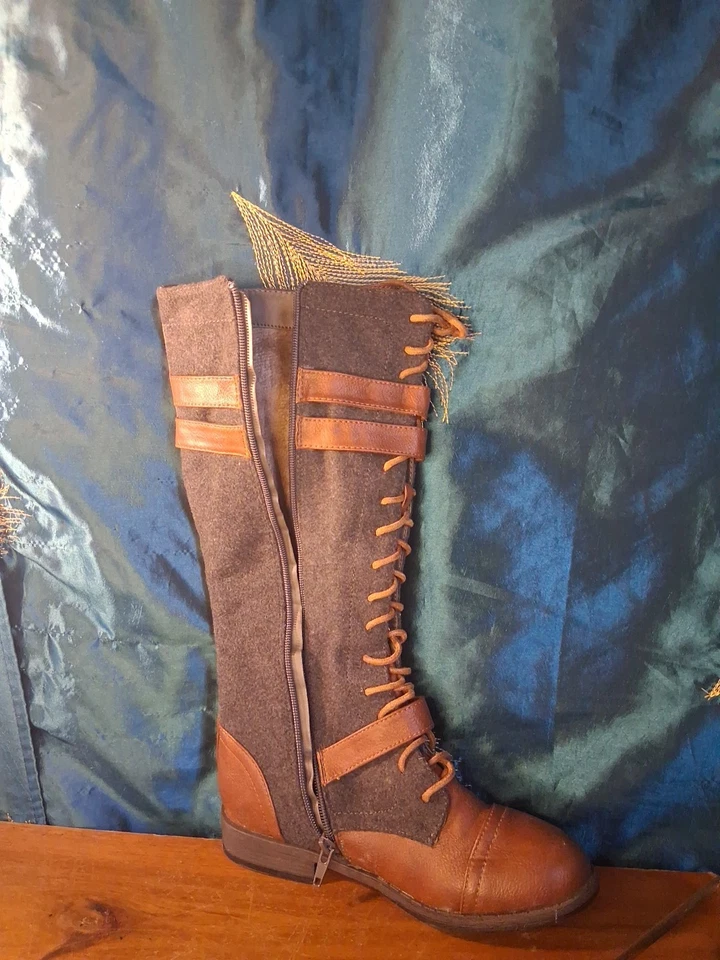 竹制女式蓝色/灰色及膝系带棕色扣靴 5.5 码 — 第 3/4 张图片