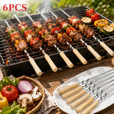 6/12/18/24/30x BBQ Skewers Stainless Steel Flat Kebab Sticks with Wooden Handle