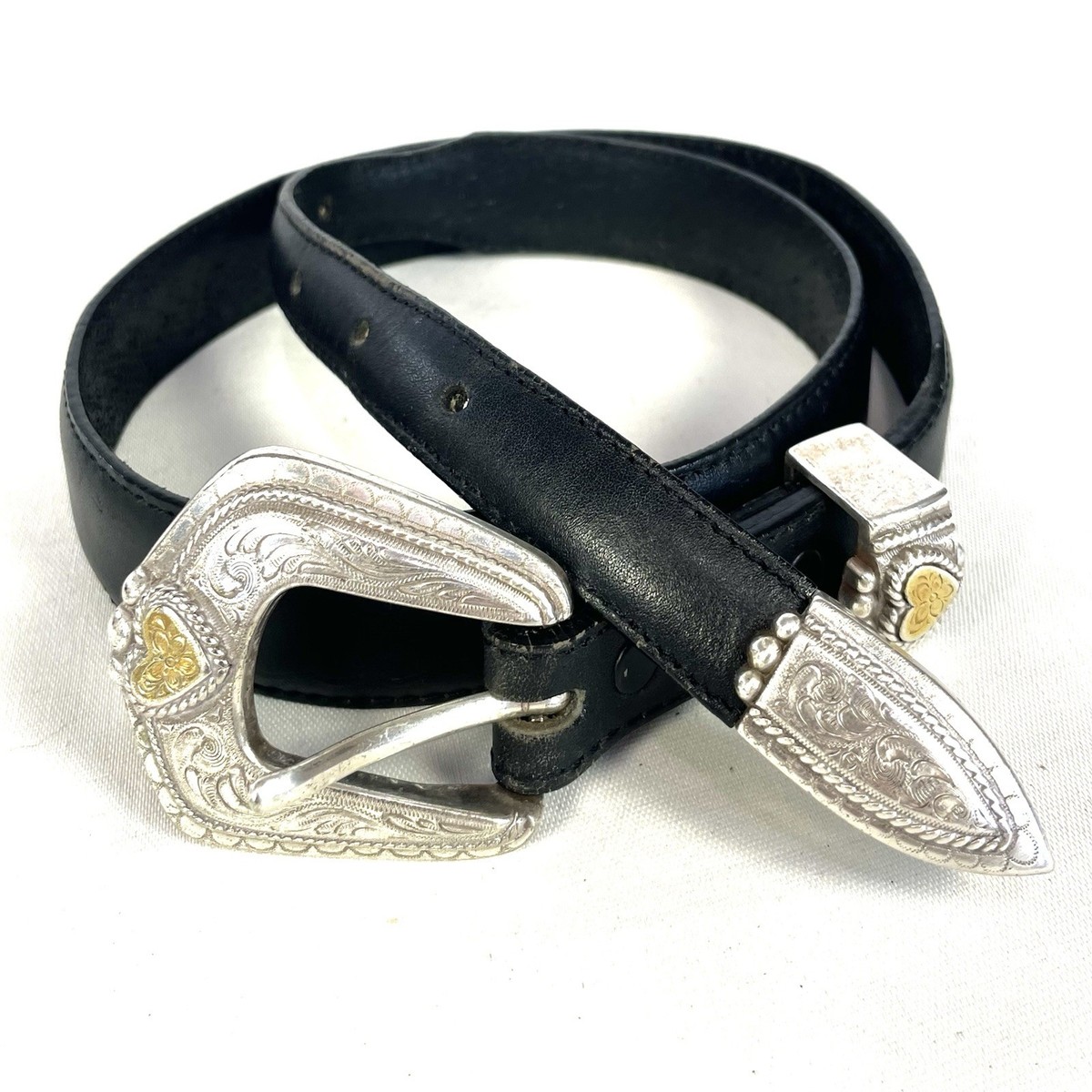 Vintage Tony Lama Western Belt Black Leather Engraved Silver  display picture 2