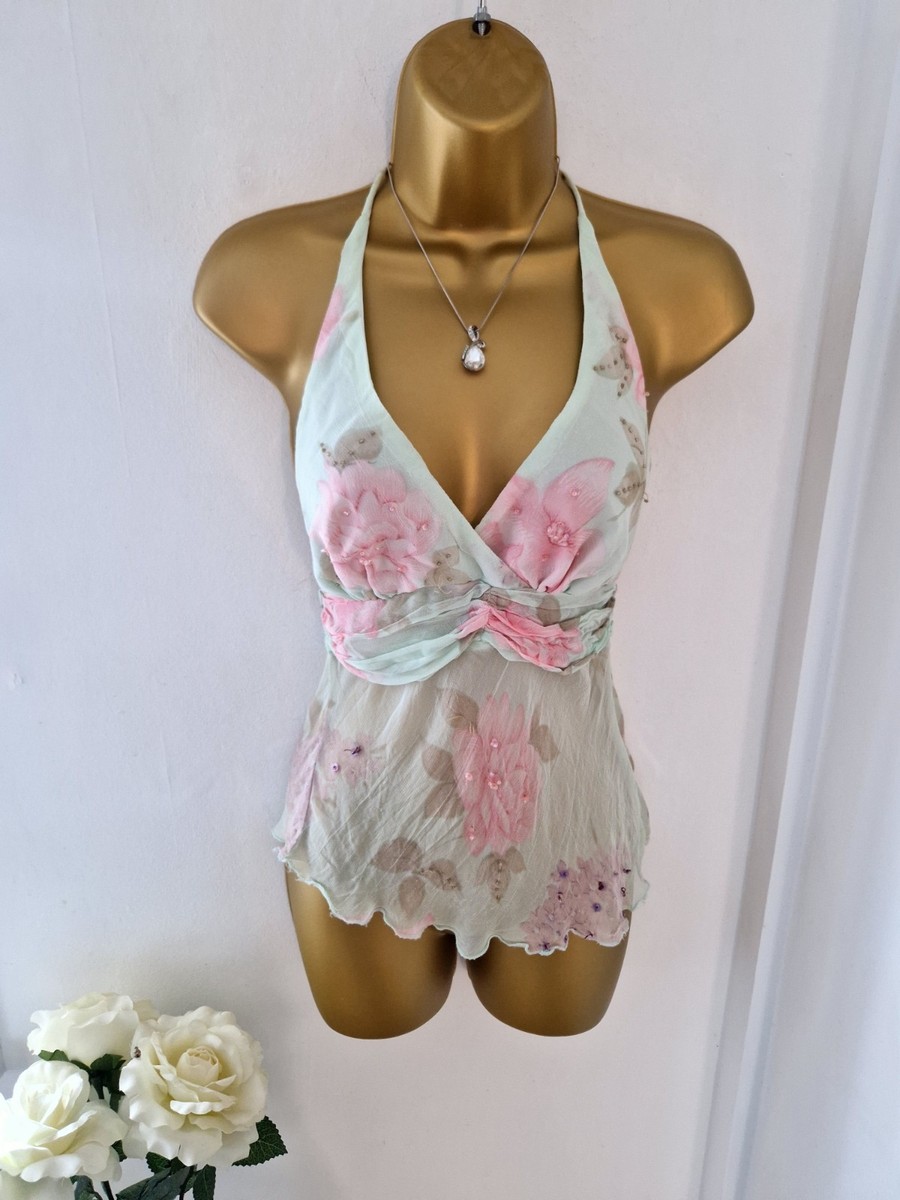 💚🩷 Rare Jane Norman Sheer Floaty Sequin Halterneck Top 8-10