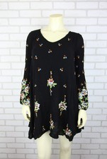Free People Oxford Floral Embroidered Mini Dress M Black Swing Pockets Boho