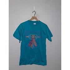 Vintage Arizona Native American Shirt Feathers Teal Graphic 90s Tee VTG 1990s M