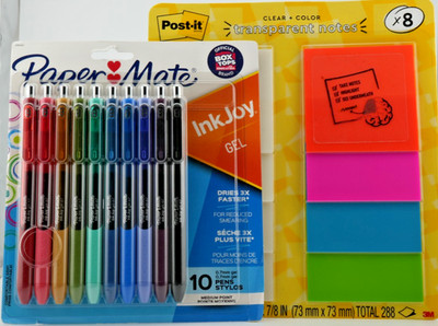 Paper Mate InkJoy Gel 10 Pens & Post it Clear & Color Transparent Notes All New