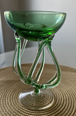 Jozefina Krosno Hand-Blown Green Art Glass Compote Dish Jellyfish Octopus MCM