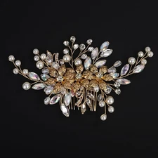 Gold Leaf Flower Rhinestone Pearl Hair Comb, Wedding Bridal Side Comb, Headpiece