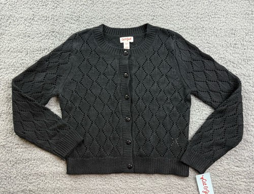 Cat & Jack Girl's Size Small (6-7) Button Front Pointelle Cardigan Sweater Black