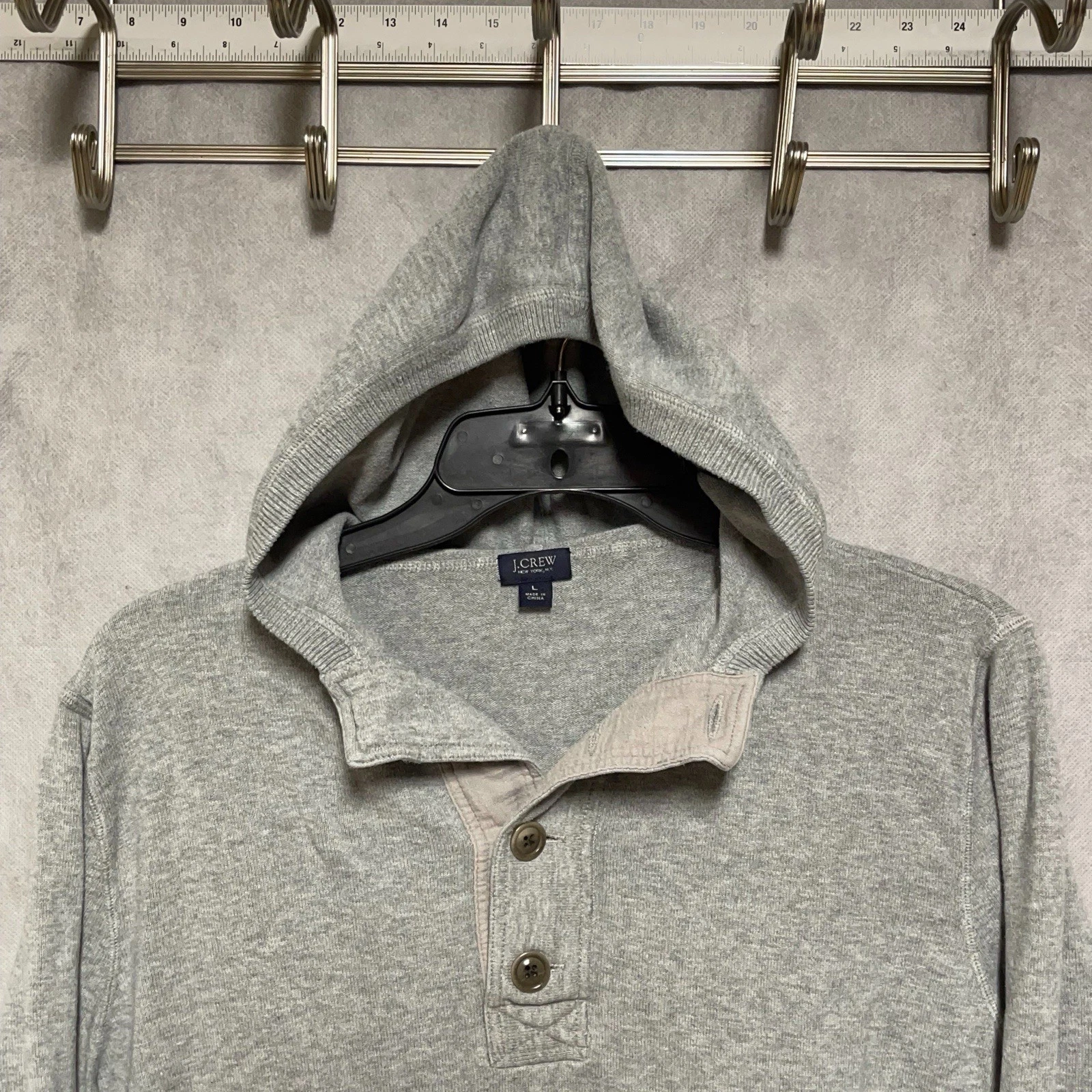 J Crew Hoodie Men L Light Gray Sweater Henley Pullover 1/4 Buton New York Casual
