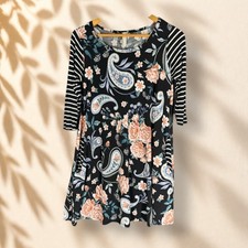 Unbranded Dress Women M Medium Black Floral Shift Short 3/4 Sleeve Stretch