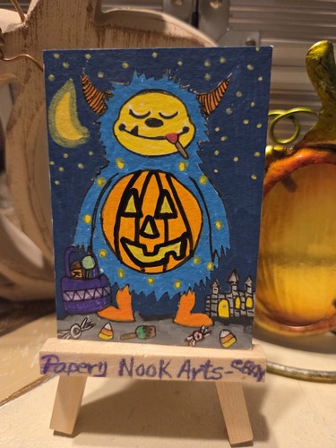 ACEO Original Art Halloween Monster Trick or Treat Pumpkin Outfit Stillife