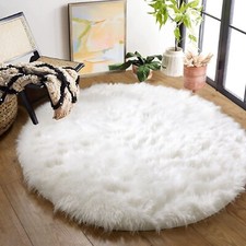 White Fluffy Faux Sheepskin Washable Fur Round Rug 5ft Nursery Rugs for Bedro...
