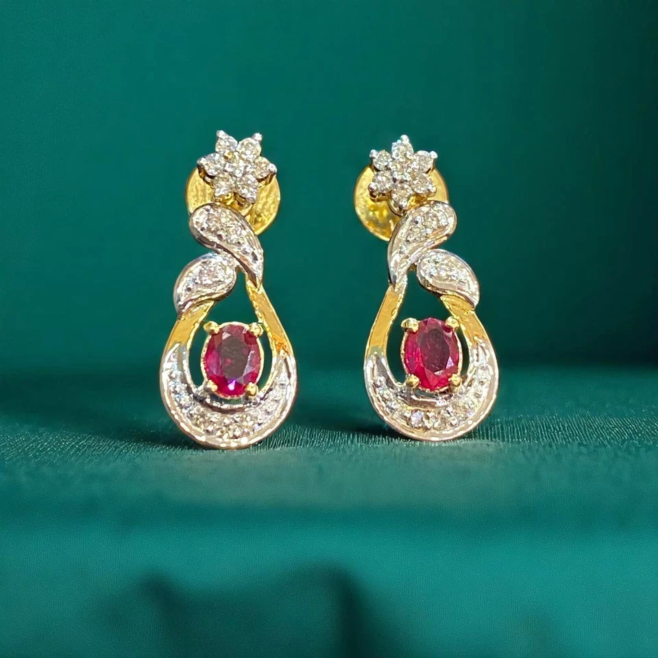 Pave 0.90 Cts F/VS1 Round Brilliant Cut Diamonds Ruby Dangle Earrings 14K Gold - Image 3 of 4