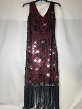Flapper Dress Gatsby 1920s Dance Fringe Sequin Beaded LG MIDI Party Wine Red