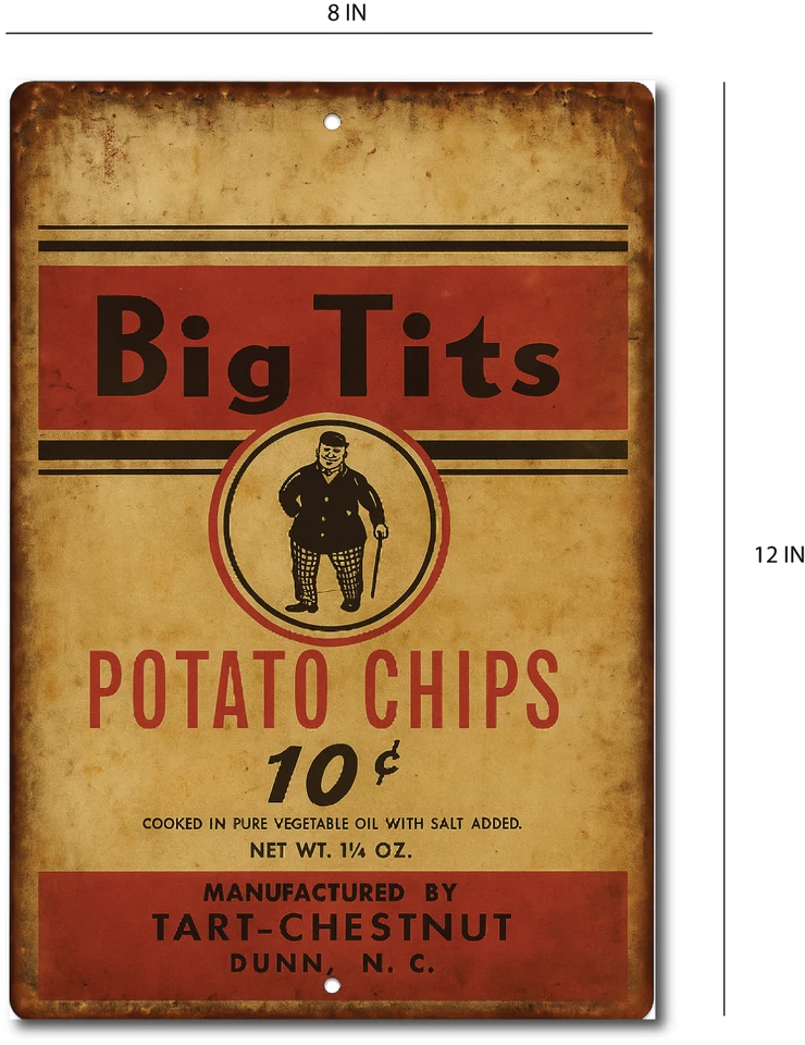 Funny Metal Tin Sign Big Tits Potato Chips Rustic Vintage Bar Workshop Garage - Image 2 of 4