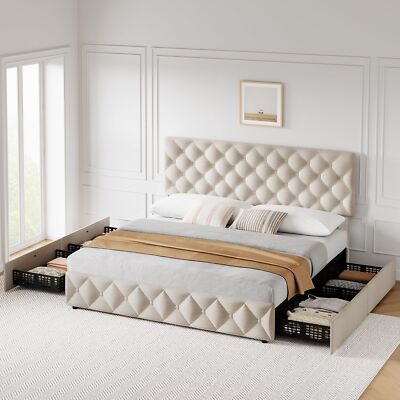 Full Size Bed Frame with 4 Storage Drawer and Adjustable Upholstered Headboard