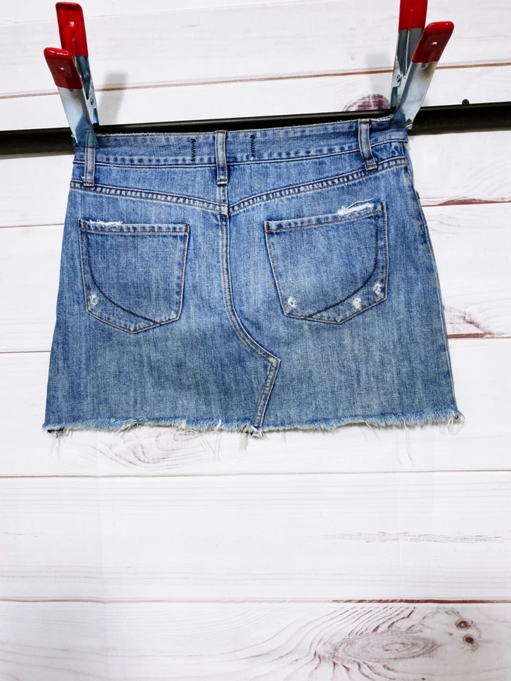 Бумага джинсовой ткани и ткани женская юбка размер S синий карманы искусственно состаренный необработанный кромки - Изображение 4 из 4