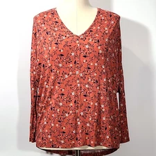 NWT STUDIO B BOBEAU Salmon/Rust Blue Floral Stretch Knit Shirt Top Large/XL