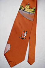 Neck Tie VTG 40s 50s Hand Painted Asian Theme Women Walking Building Tie 53 x 4"