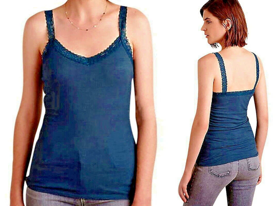 Camiseta regata Anthropologie com alça de renda X pequena 0 2 com nervuras em camadas $69 - Imagem 4 de 4
