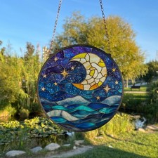 Moon and Stars Stained Glass Suncatcher, Window Decor