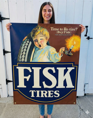 #ad #ad Vintage Fisk Tires Gas Oil Banner Sign quot; Time To Re Tirequot; Boy Petroliana 3#x27; x 2#x27; $43.95