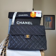 CHANEL Classic black Caviar Jumbo Single Flap Vintage 24K Plated Gold Hw Bag