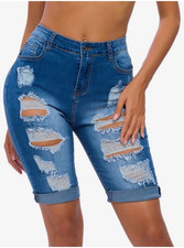 OLRAIN High Rise Distressed Denim Bermuda Sho...