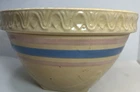 Vintage McCoy Yellow Ware Blue Pink Striped Mixing Bowl Pie Crust Rim 1930’s
