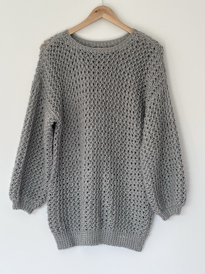 Handmade Grey Chunky Crochet Knit Crew Neck Long Balloon Sleeve Jumper Size L