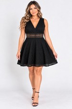 Lulus Womens XL Black Skater Dress V Neck Textured Sheer Stripe Fit Flare
