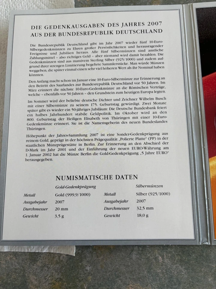 Schöne Fünf 10 - Euro Silbermünzen 925/1000 des Jahres 2007 Stempelglanz m. Zert - Bild 3 von 4