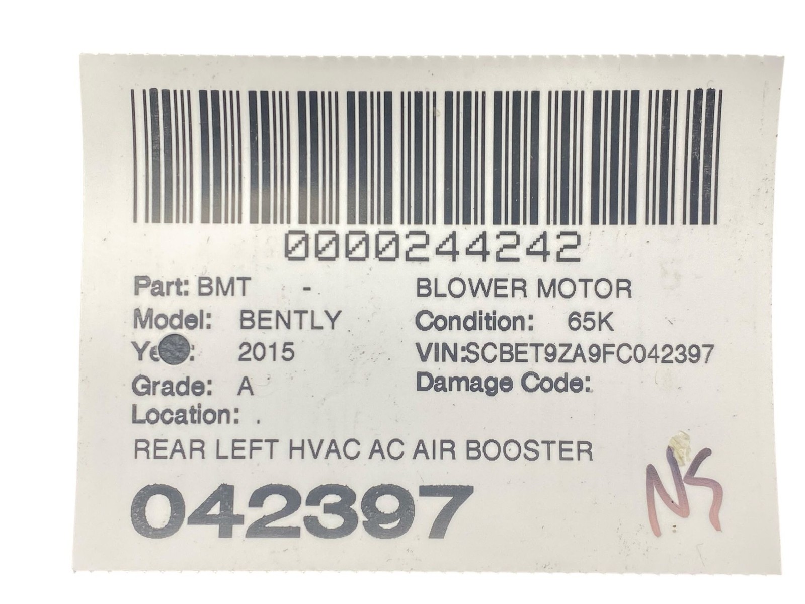 2013-2019 BENTLEY FLYING SPUR 4W 223B REAR LH AIR BOOSTER BLOWER MOTOR W/REISTOR