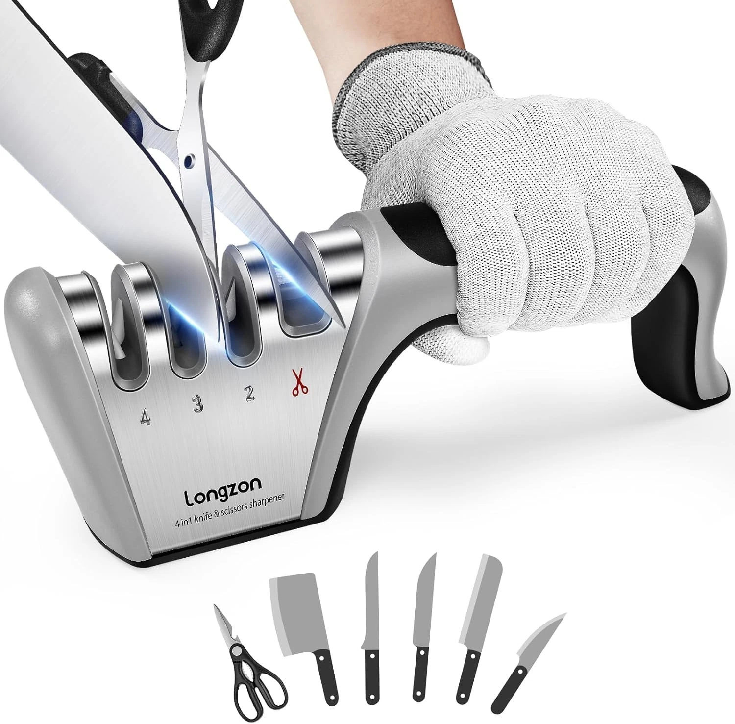 5-in-1 Knife Sharpener 4 Stage W/ Cut-Resistant Glove Quickly Sharpens