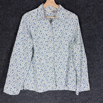 White Stag Shirt Women L White Floral Button Up Collared Long Sleeve Top
