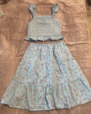 The Children's Place Girls 7-8 Blue/Pink Floral Ruffle Sleeveless Top Skirt Set
