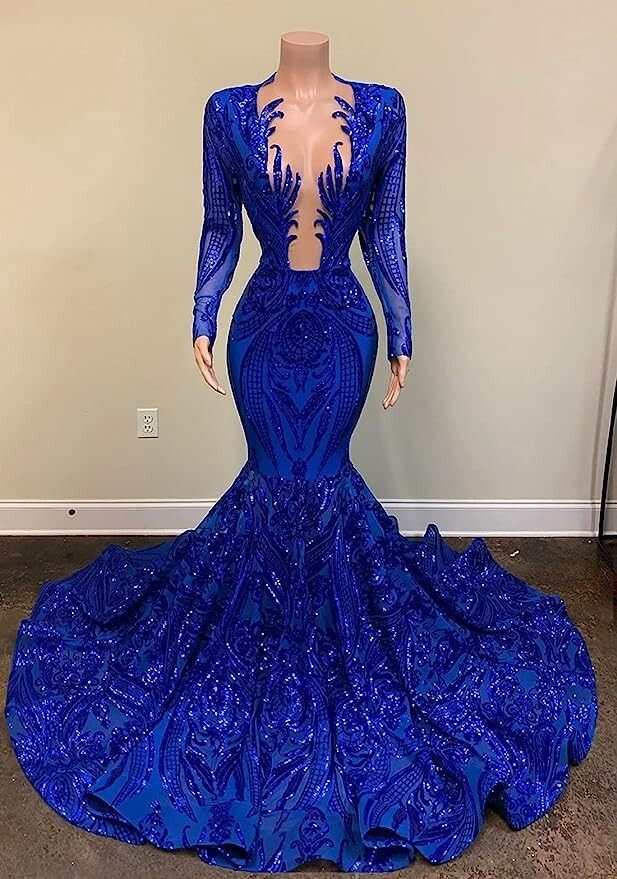 Lace Long Sleeve Mermaid Formal Dresses Royal Blue V Neck Mermaid Sequined Prom Party Gala Dress Pageant Evening Gown Lace Long Sleeve Mermaid Formal Dresses Royal Blue V Neck Mermaid Sequined Prom Party Gala Dress Pageant Evening Gown