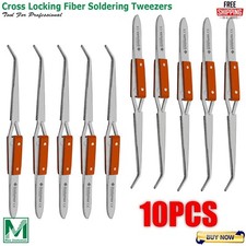 Fiber Grip Tweezers Cross Locking Reverse Action Curved Tip Stainless Steel