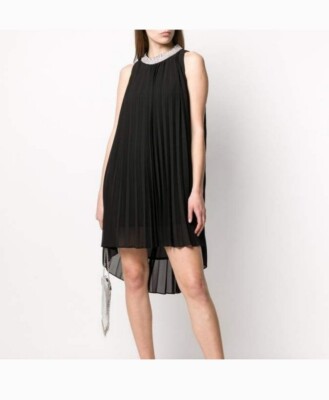 John Richmond HAMLET Hi Low Pleated Dress Rhinestone Collar - Sz IT 42 NEW! 